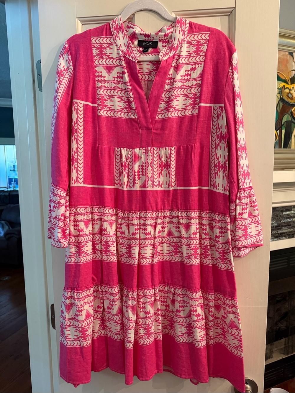 MSK Pink and White Boho Print Tiered Dress Linen Blend